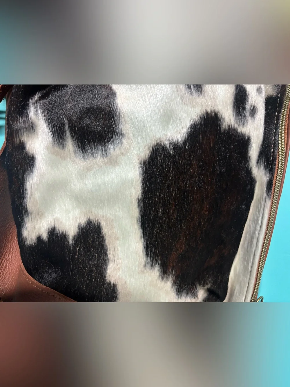 Cowhide shoulder Bag in brown & White with Brown Trim